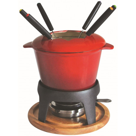 Service à fondue fonte avec plateau bois - 6 pers Couleur:Rouge
