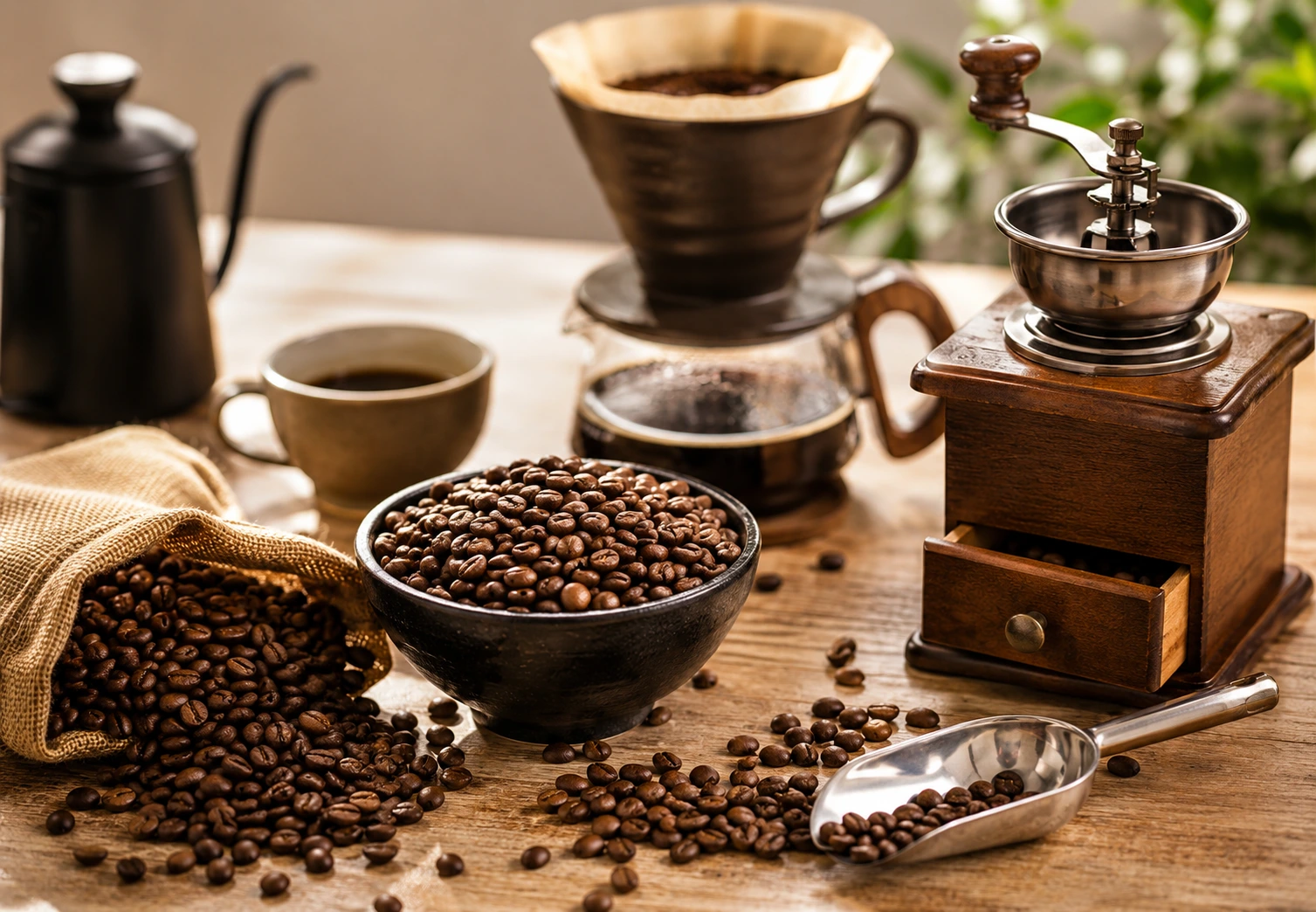 Accessoires café avec grains, moulin manuel, filtre et tasse