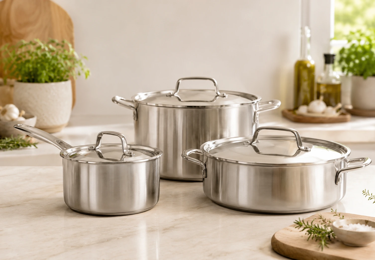 Batterie de cuisine inox avec casseroles, sauteuse et faitout